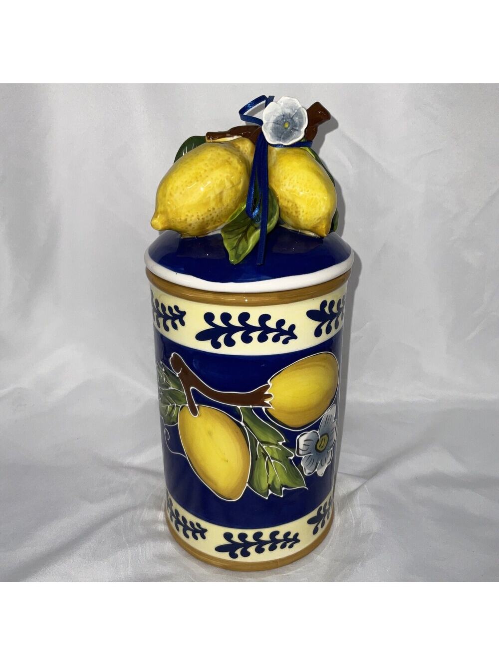 NWT BLUE SKY CLAYWORKS LEMON JUICE BLUE YELLOW WHITE SMALL CANISTER COOKIE JAR